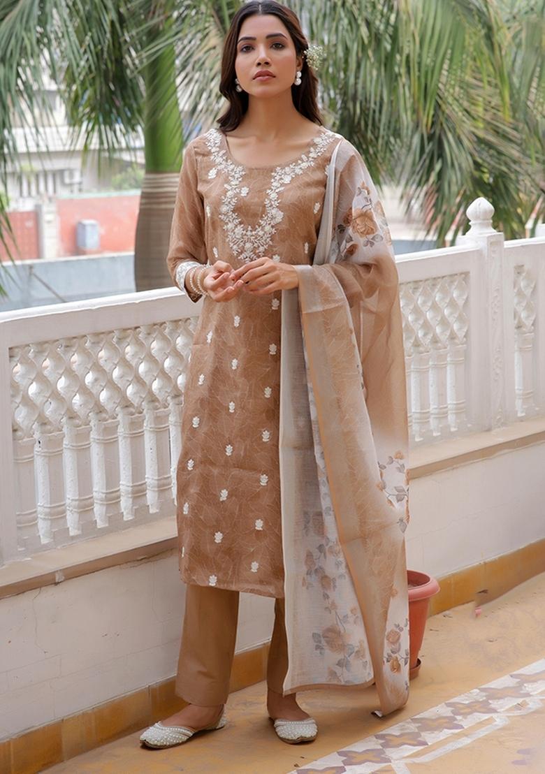 Brown Dori Work Linen Suit Set - Indya