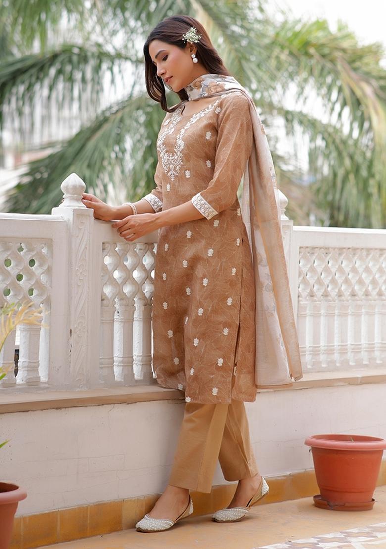 Brown Dori Work Linen Suit Set - Indya