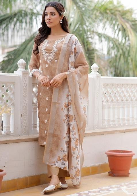 Brown Dori Work Linen Suit Set