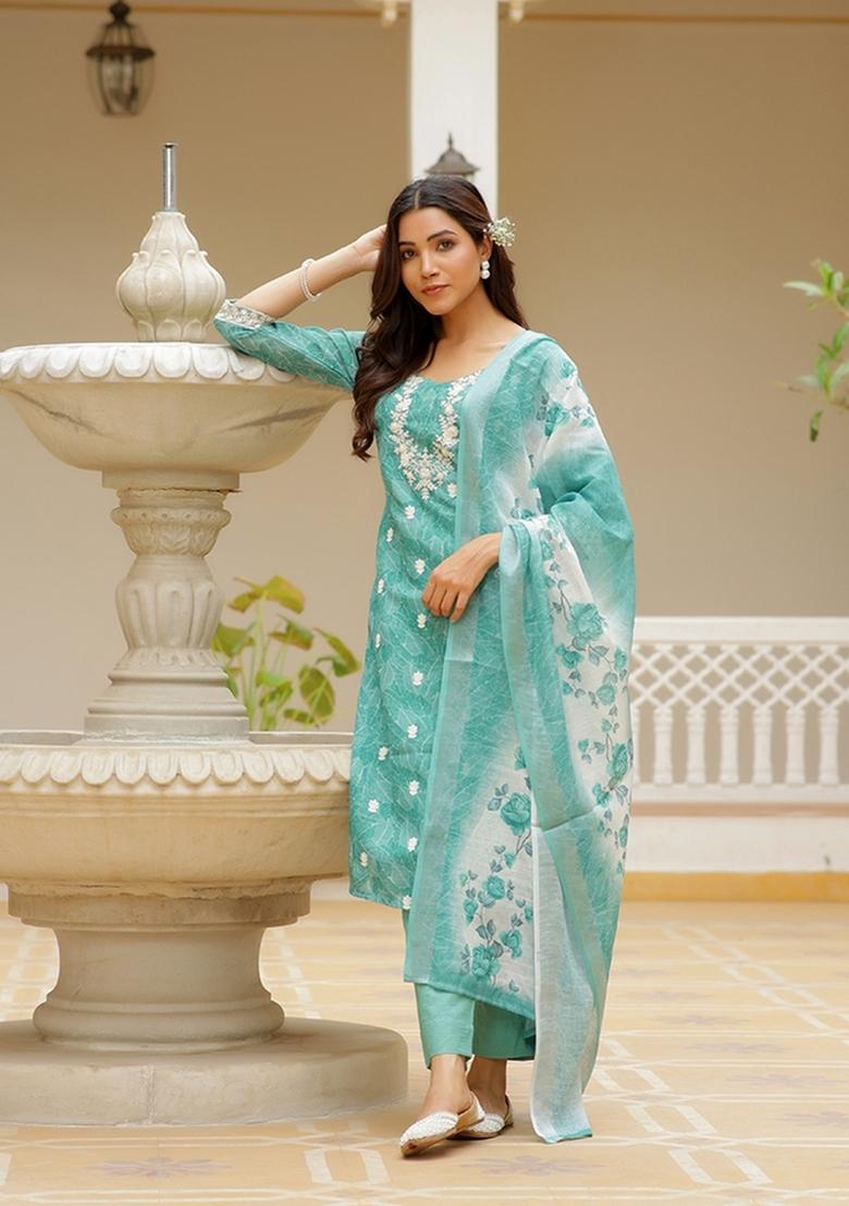 Green Dori Work Linen Suit Set - Indya