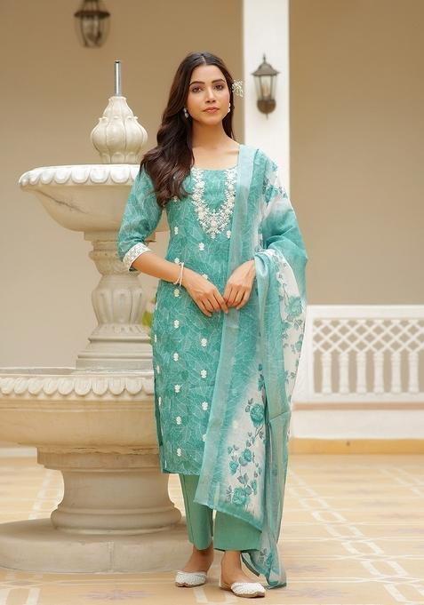 Green Dori Work Linen Suit Set