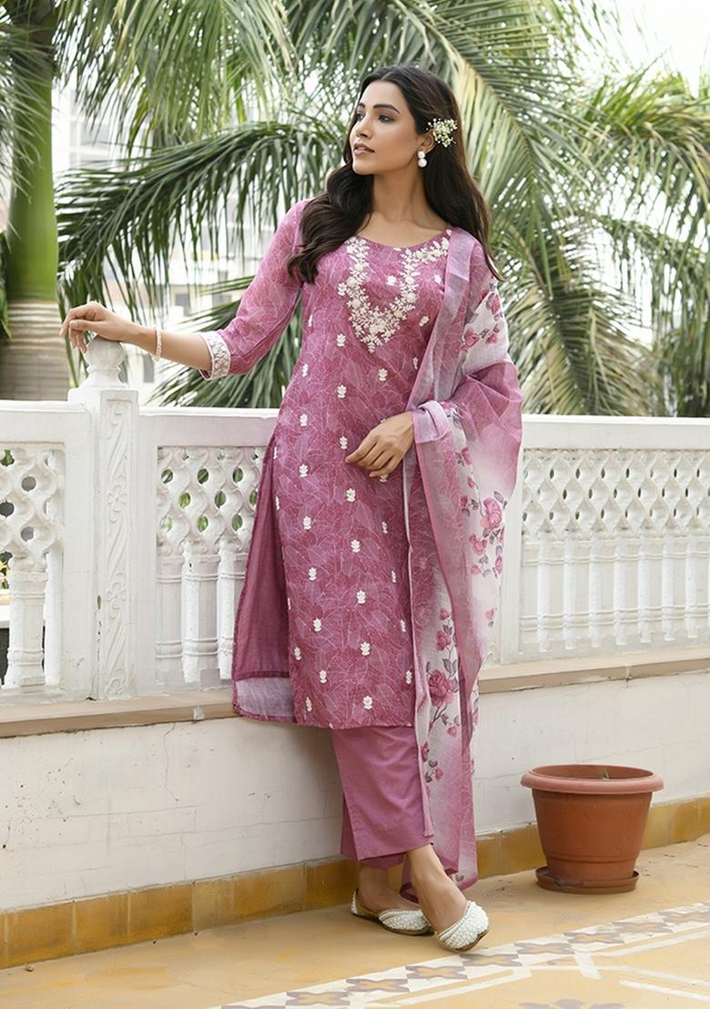 Magenta Dori Work Linen Suit Set - Indya
