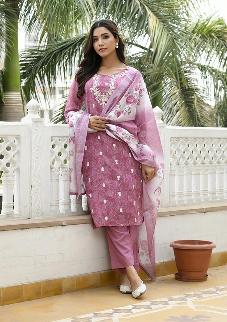 Magenta Dori Work Linen Suit Set - Indya