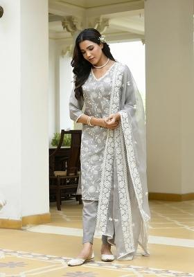Grey Print And Embroidered Linen Suit Set