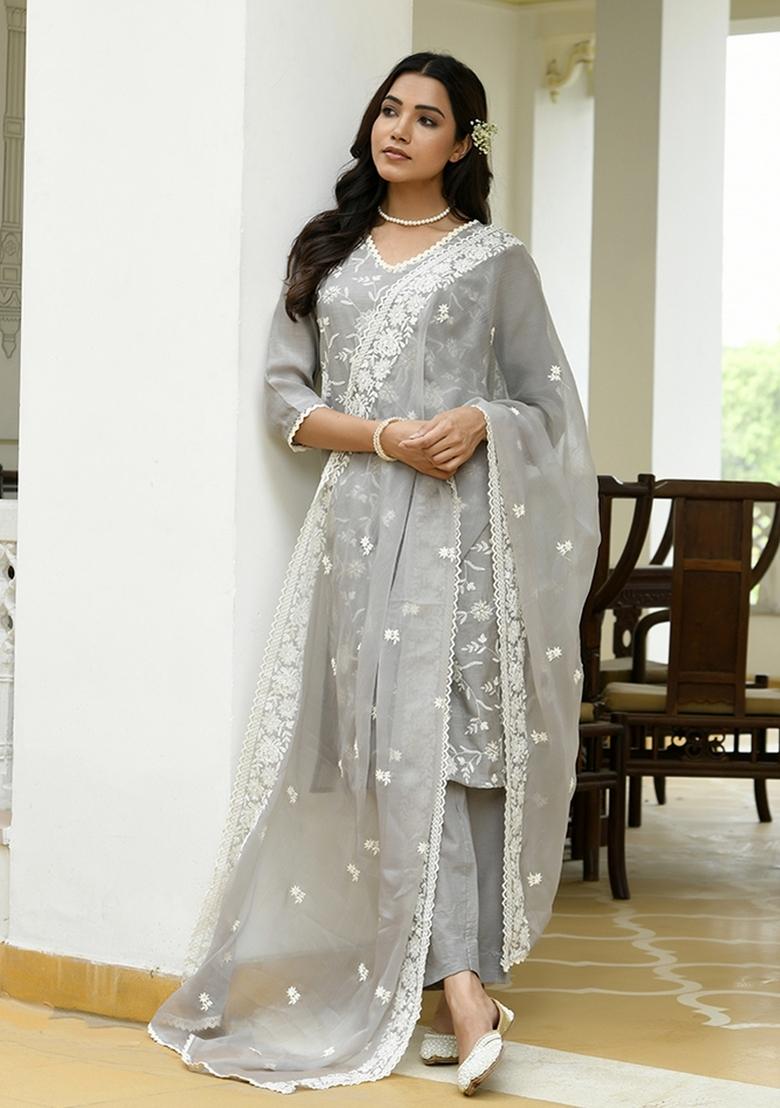 Grey Print And Embroidered Linen Suit Set - Indya