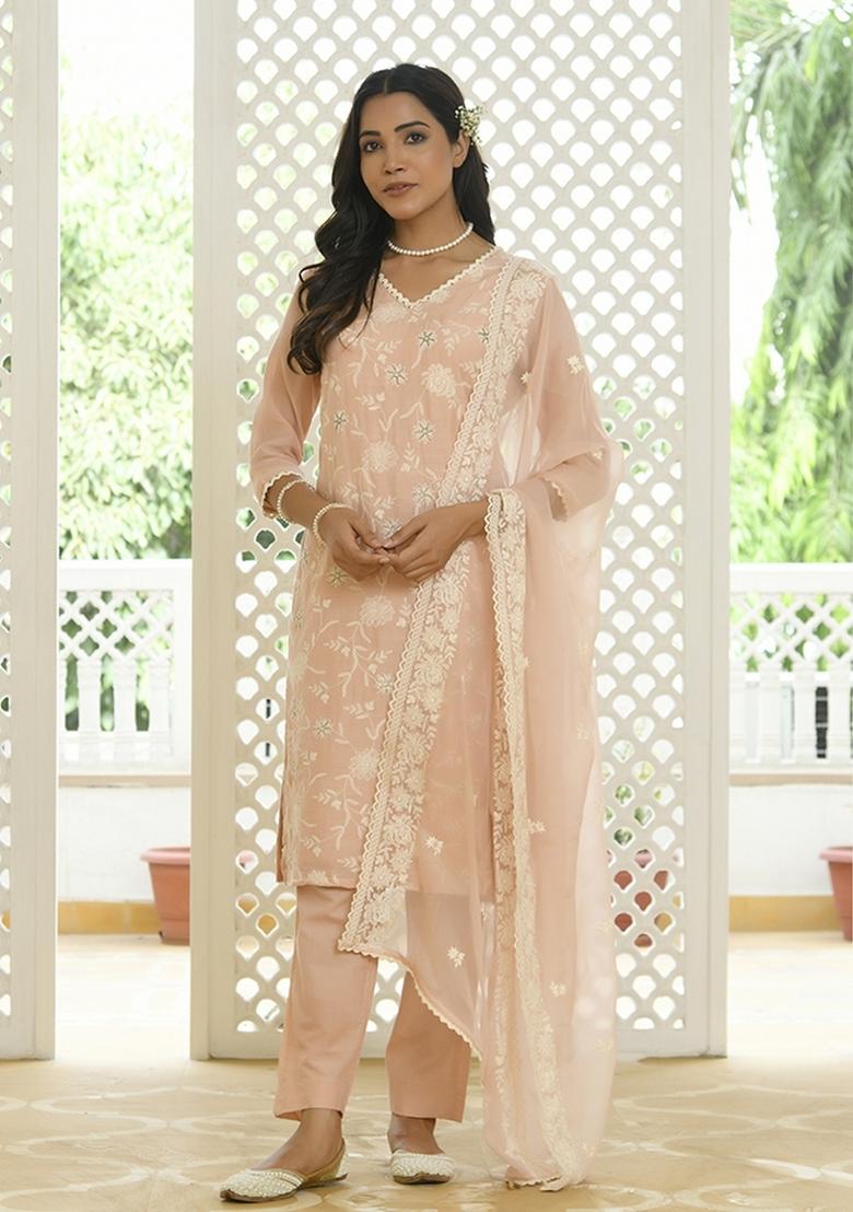 Peach Print And Embroidered Linen Suit Set