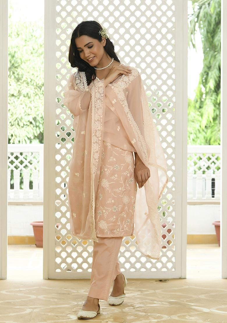Peach Print And Embroidered Linen Suit Set