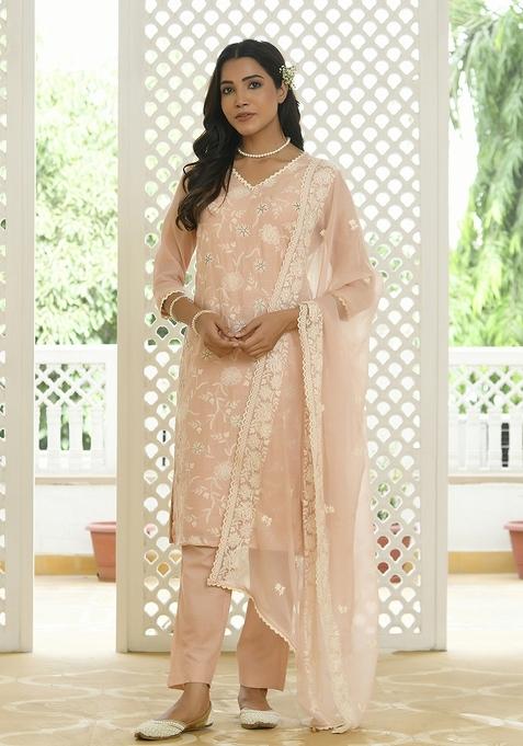 Peach Print And Embroidered Linen Suit Set