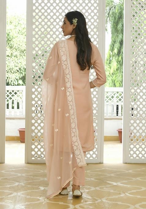 Peach Print And Embroidered Linen Suit Set
