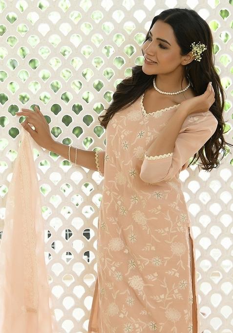 Peach Print And Embroidered Linen Suit Set