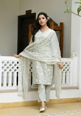 Pista Print And Embroidered Linen Suit Set
