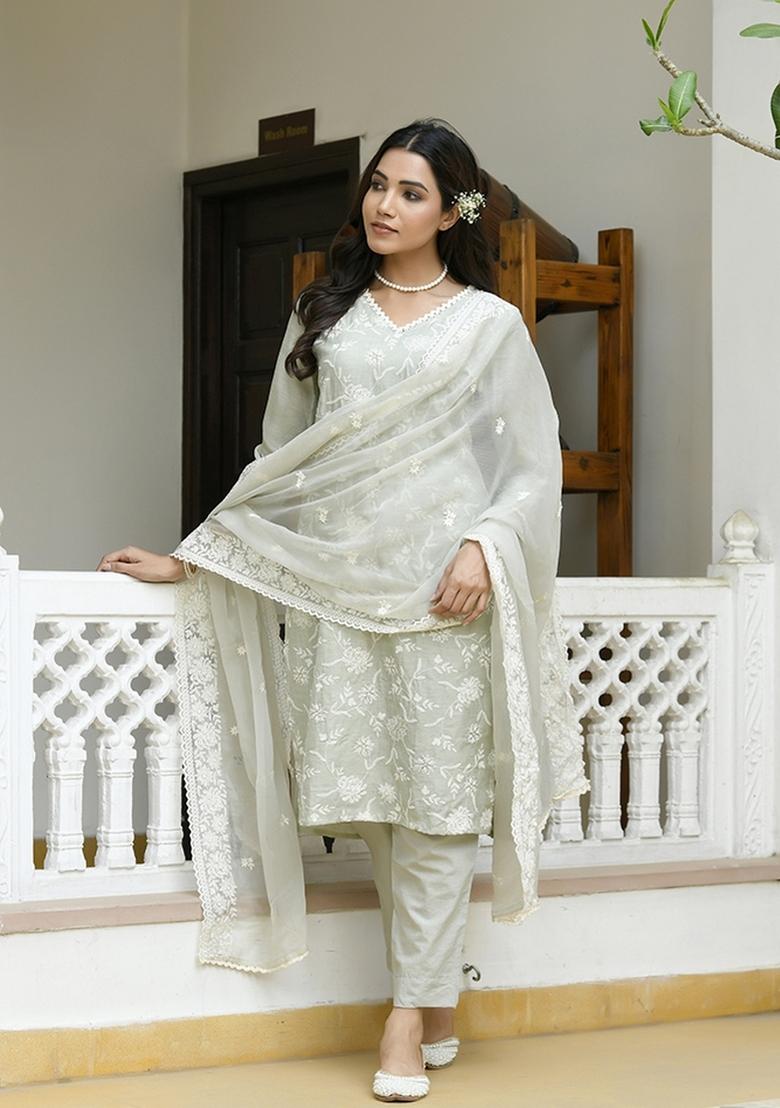 Pista Print And Embroidered Linen Suit Set - Indya