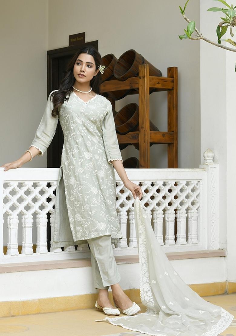 Pista Print And Embroidered Linen Suit Set - Indya