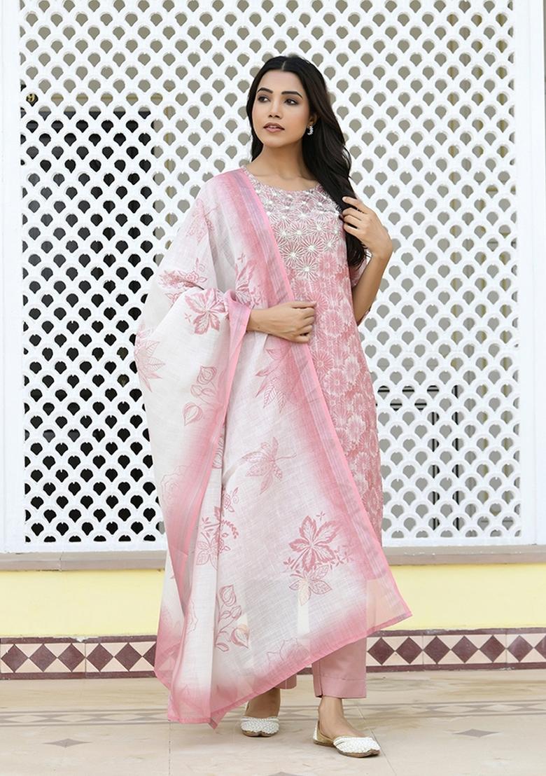 Pink Print And Embroidered Tissue Linen Suit Set