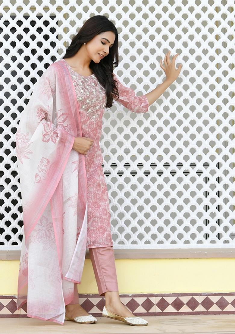 Pink Print And Embroidered Tissue Linen Suit Set