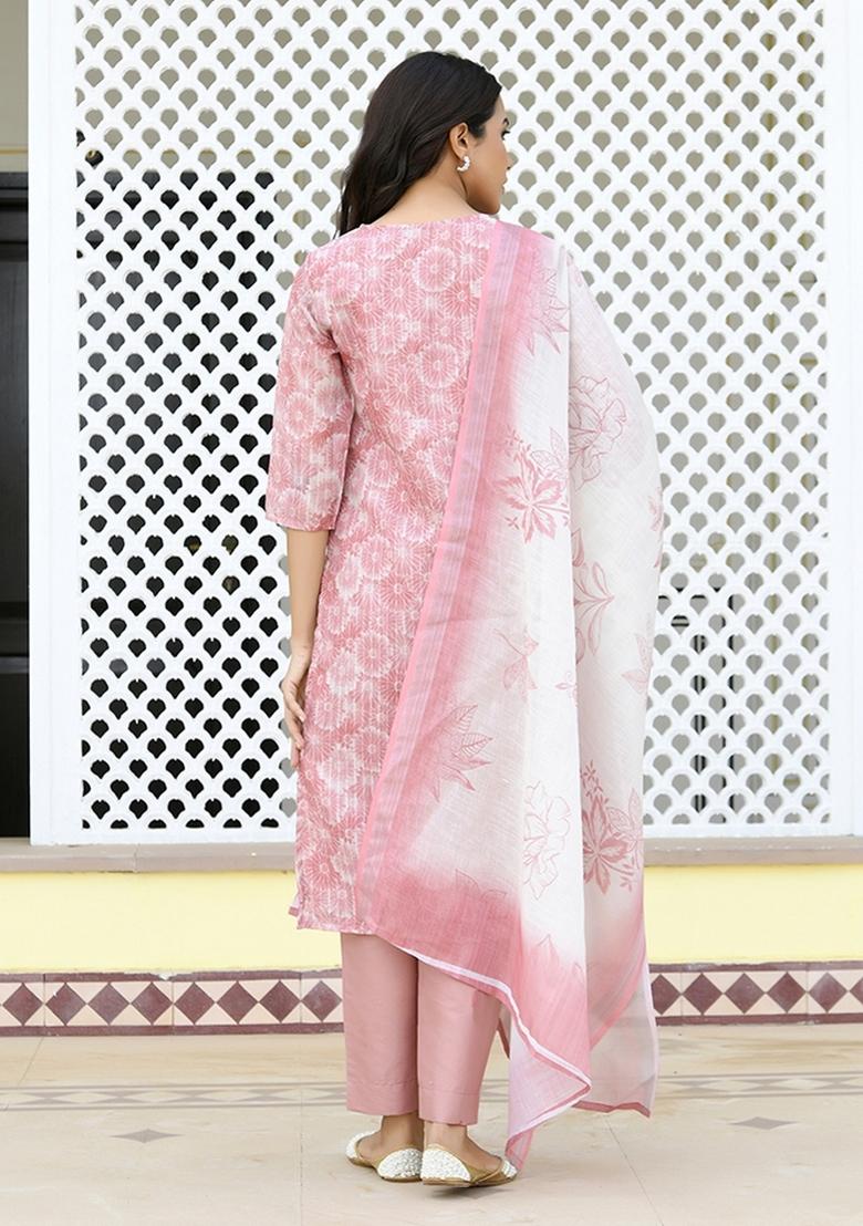 Pink Print And Embroidered Tissue Linen Suit Set