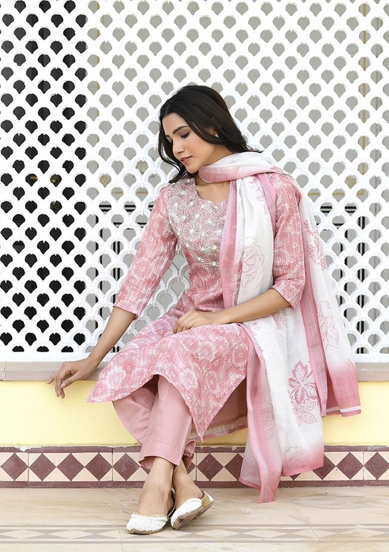 Pink Print And Embroidered Tissue Linen Suit Set