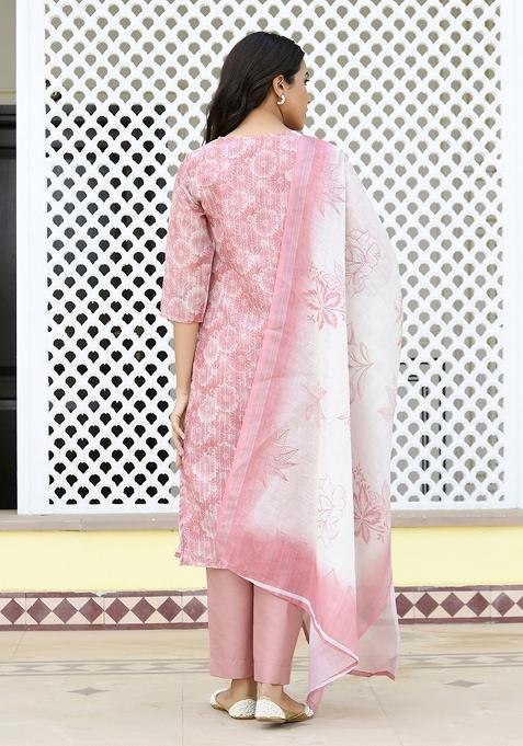 Pink Print And Embroidered Tissue Linen Suit Set
