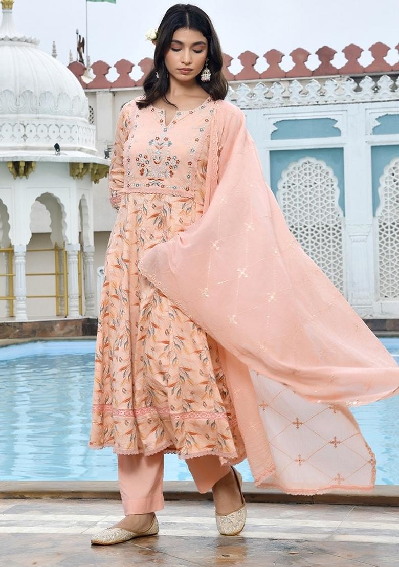 Peach Thread Work Cotton Anarkali Set - Indya
