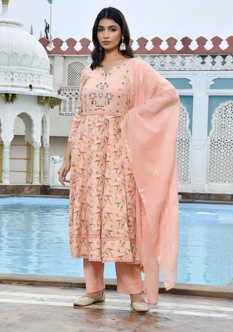 Peach Thread Work Cotton Anarkali Set - Indya