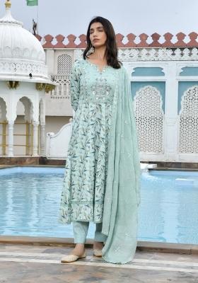 Sky Blue Thread Work Cotton Anarkali Set