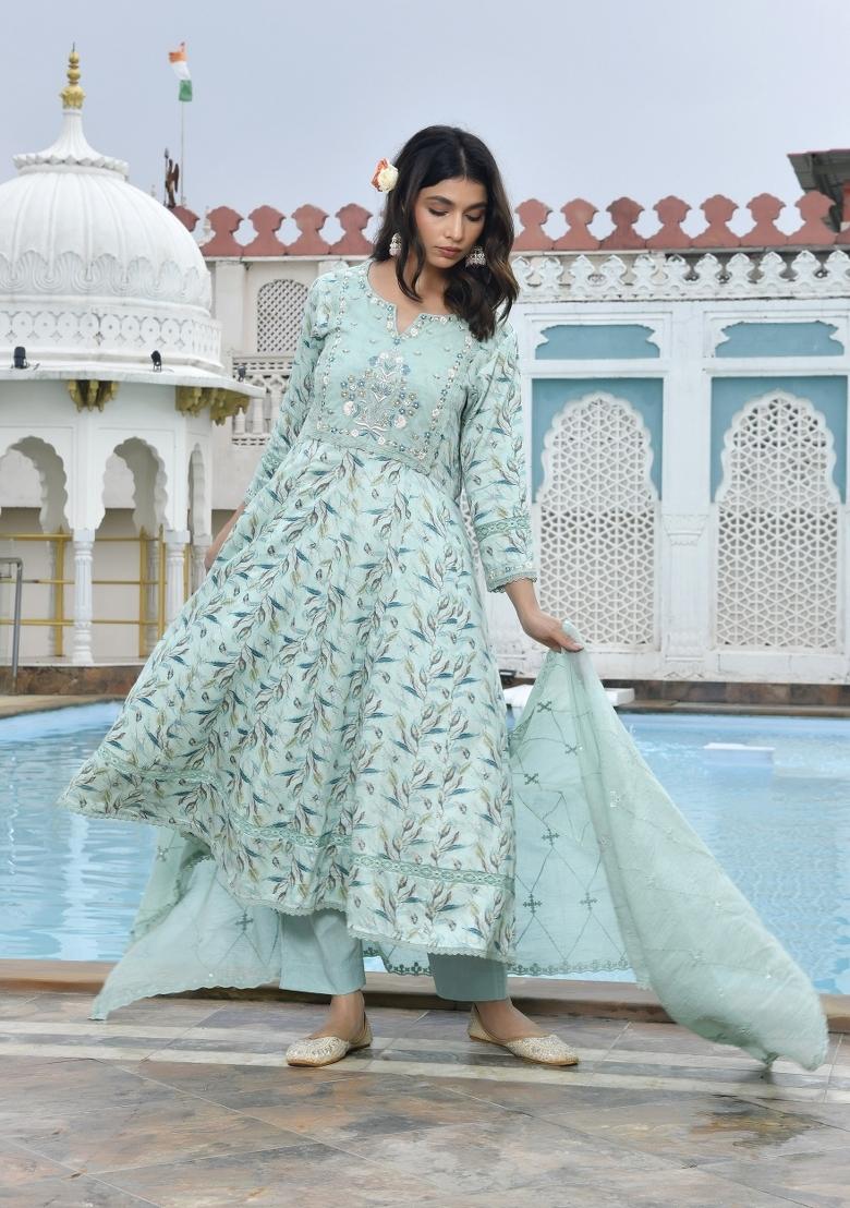 Sky Blue Thread Work Cotton Anarkali Set - Indya