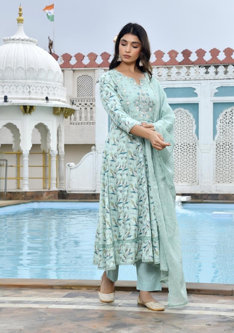 Sky Blue Thread Work Cotton Anarkali Set - Indya