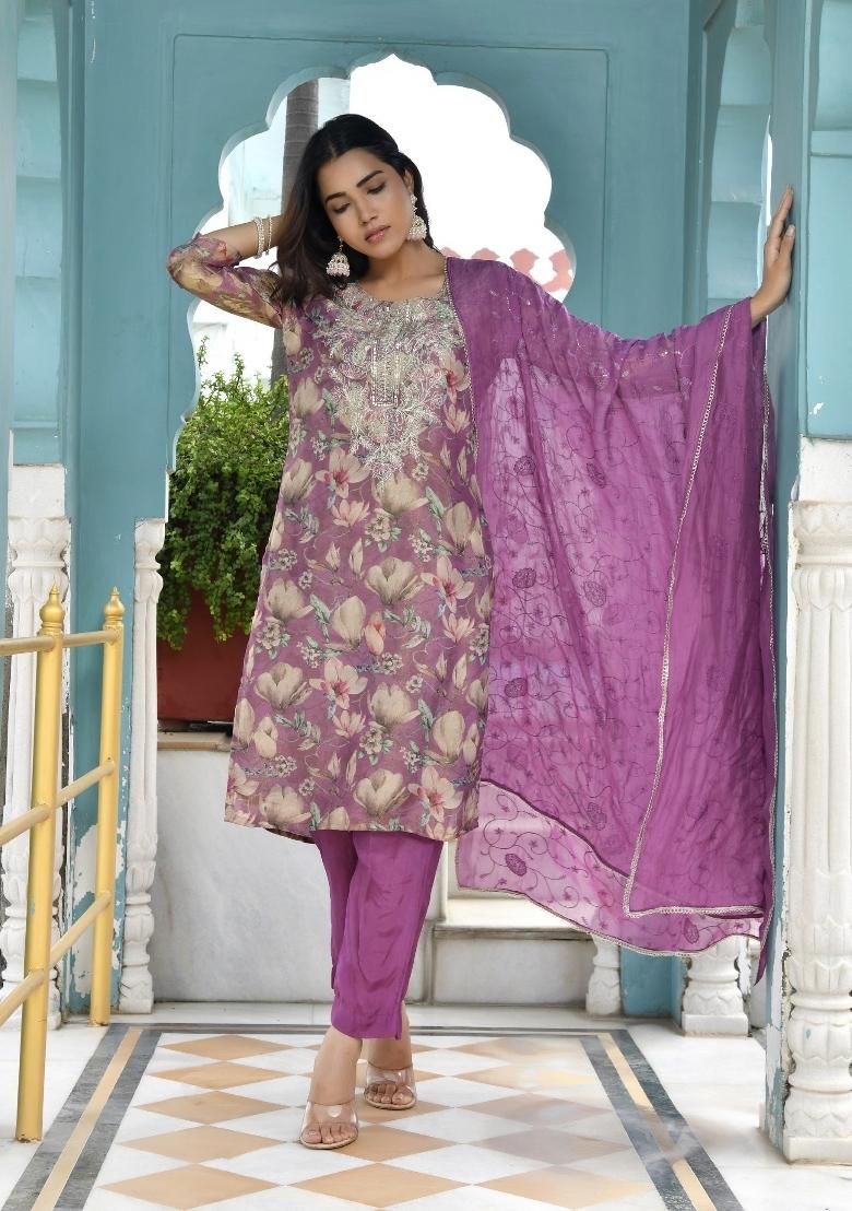 Purple Dori Work Tissue Suit Set - Indya