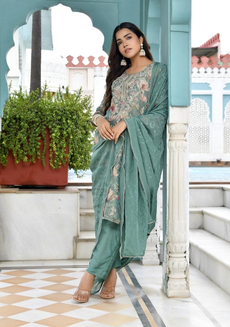 Teal Dori Work Tissue Suit Set - Indya