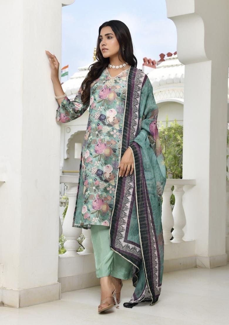 Green Gota Patti Tissue Suit Set - Indya