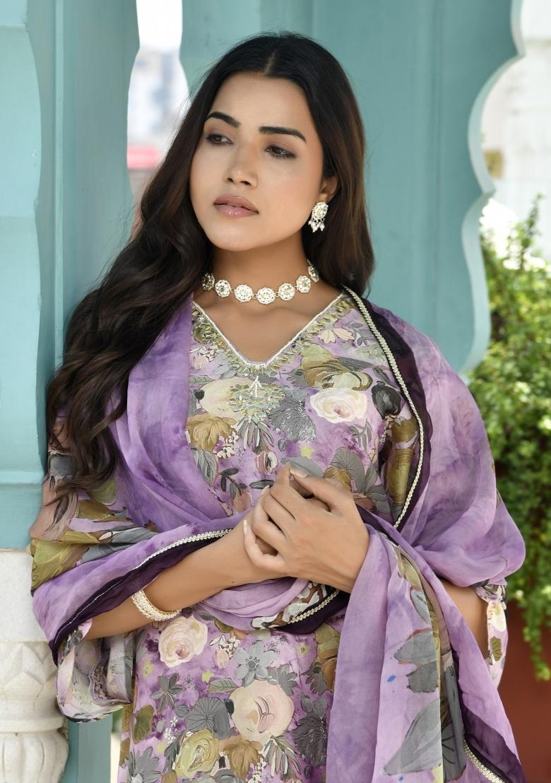 Purple Gota Patti Tissue Suit Set - Indya