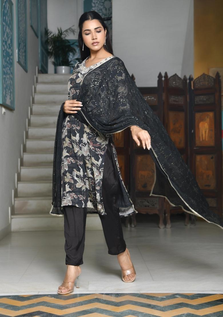 Black Thread Work Crepe Suit Set - Indya