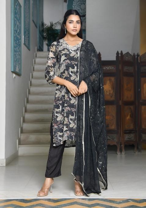 Black Thread Work Crepe Suit Set