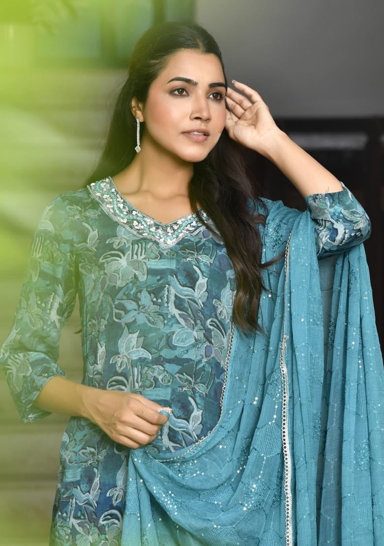 Teal Thread Work Crepe Suit Set - Indya