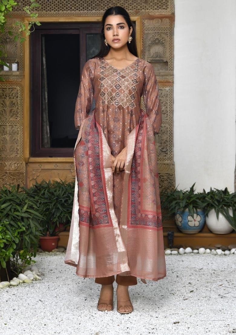 Brown Zari Chanderi Suit Set