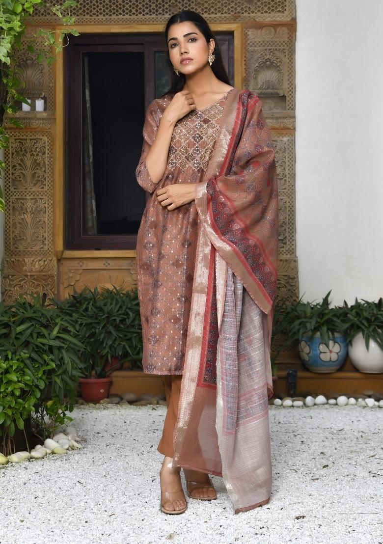 Brown Zari Chanderi Suit Set - Indya