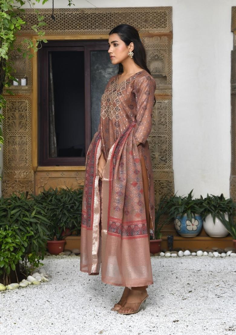 Brown Zari Chanderi Suit Set - Indya