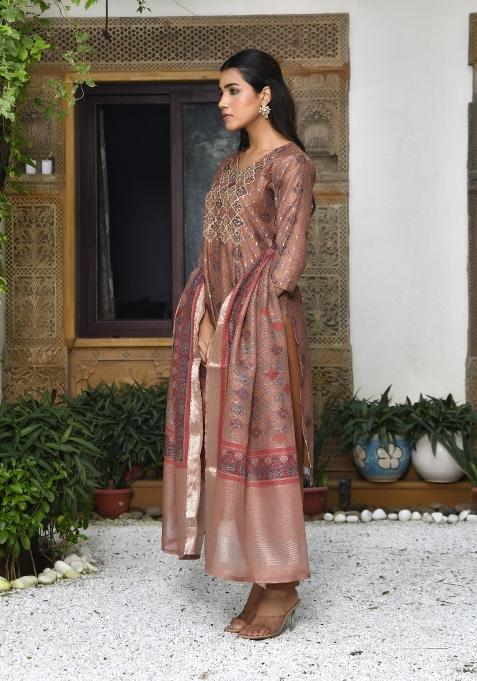 Brown Zari Chanderi Suit Set