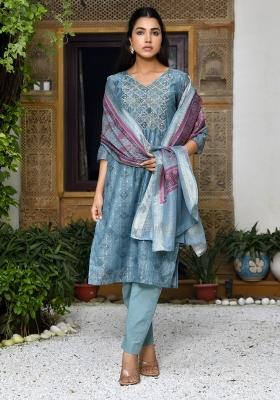 Blue Zari Chanderi Suit Set
