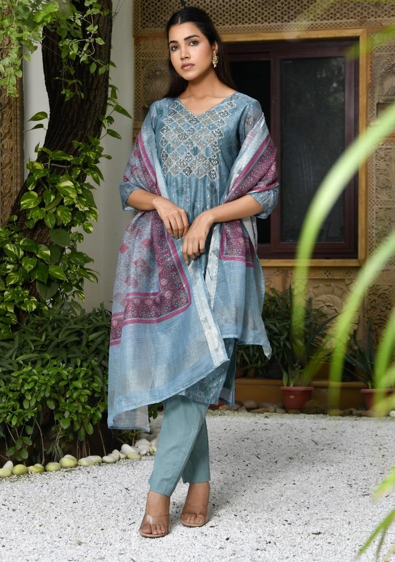 Blue Zari Chanderi Suit Set - Indya