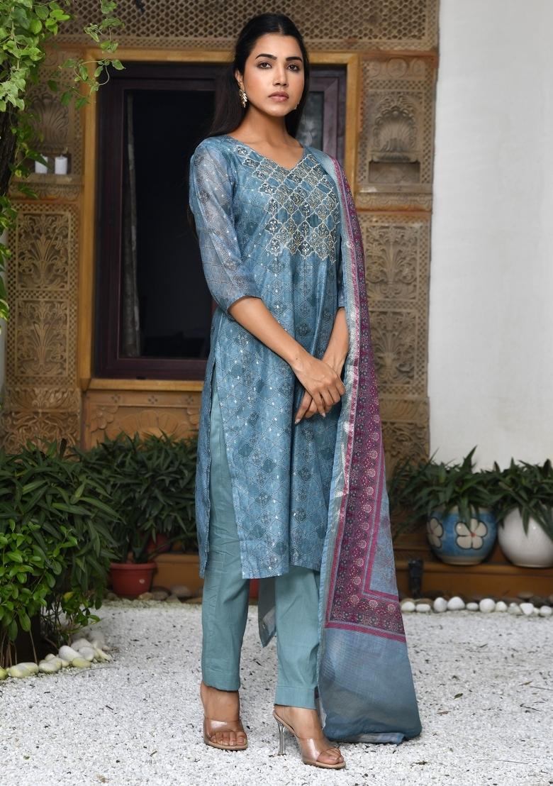 Blue Zari Chanderi Suit Set - Indya