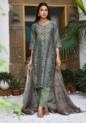 Olive Green Zari Chanderi Suit Set