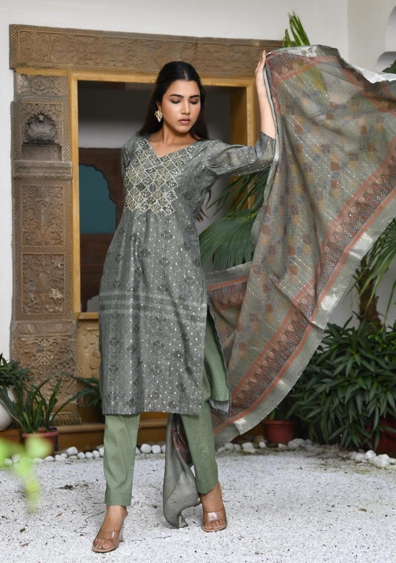 Olive Green Zari Chanderi Suit Set - Indya