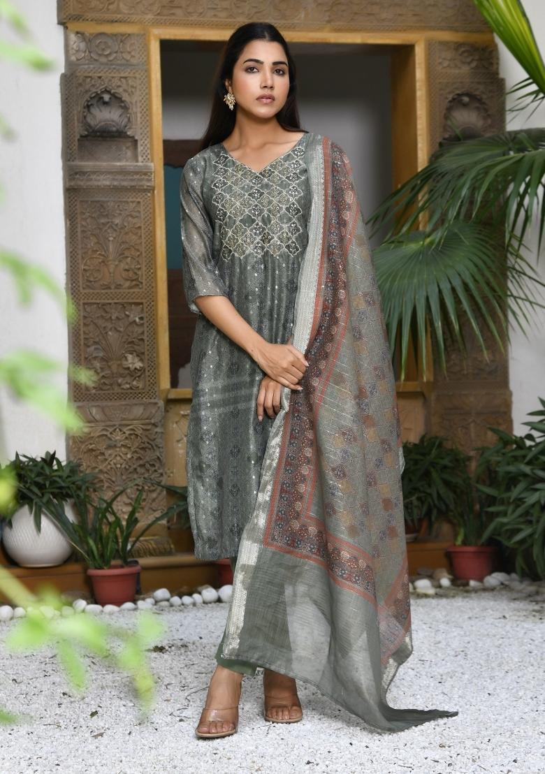 Olive Green Zari Chanderi Suit Set - Indya