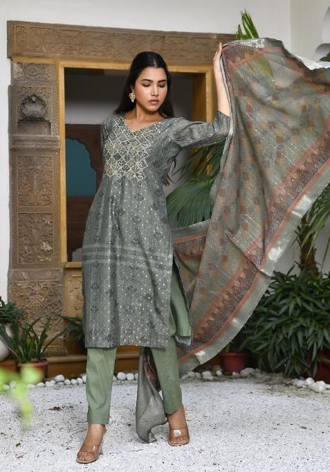 Olive Green Zari Chanderi Suit Set