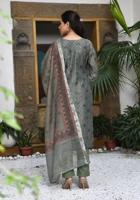 Olive Green Zari Chanderi Suit Set