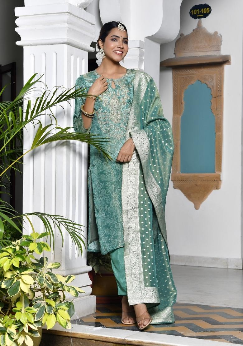Green Dori Work Tissue Suit Set - Indya