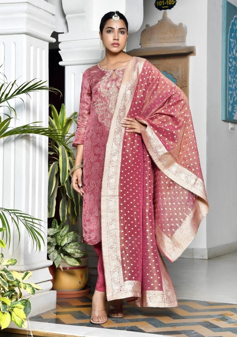 Pink Printed Tissue Suit Set - Indya