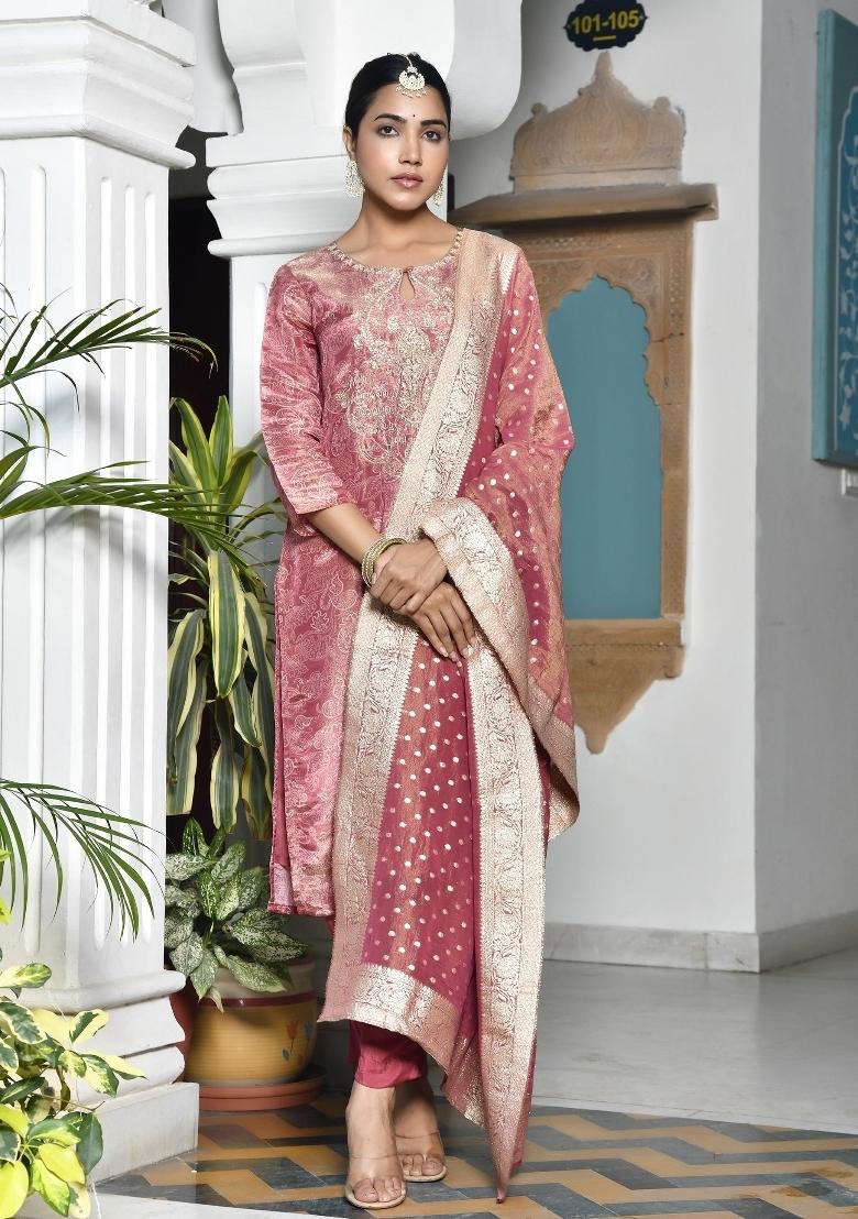 Pink Printed Tissue Suit Set - Indya