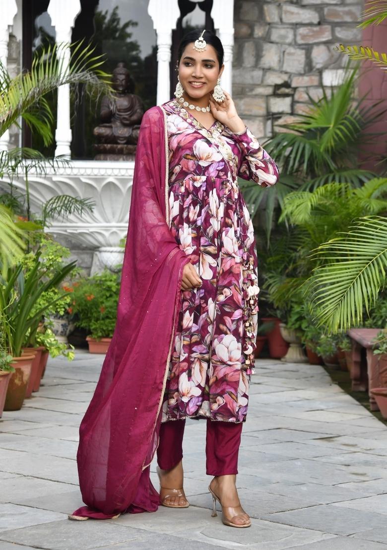 Maroon Thread Work Chinon Anarkali Set - Indya